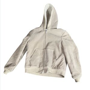 Vintage William Barry tan suede hoodie jacket with Sherpa lining Size 42 Long